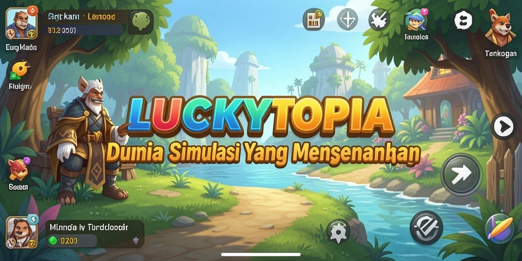 Screenshot gameplay <strong>LUCKYTOPIA</strong> menunjukkan karakter dan lingkungan yang cerah dan interaktif.