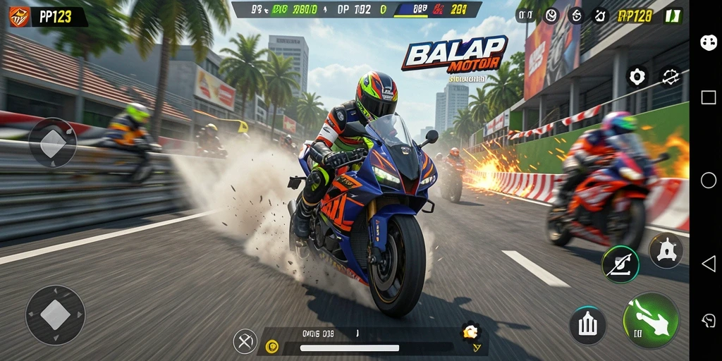 Screenshot utama PP123 menunjukkan balapan motor yang seru dan menegangkan.