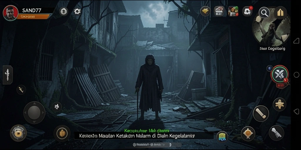 Tangkapan layar utama SAND77 menampilkan suasana seram saat gameplay.