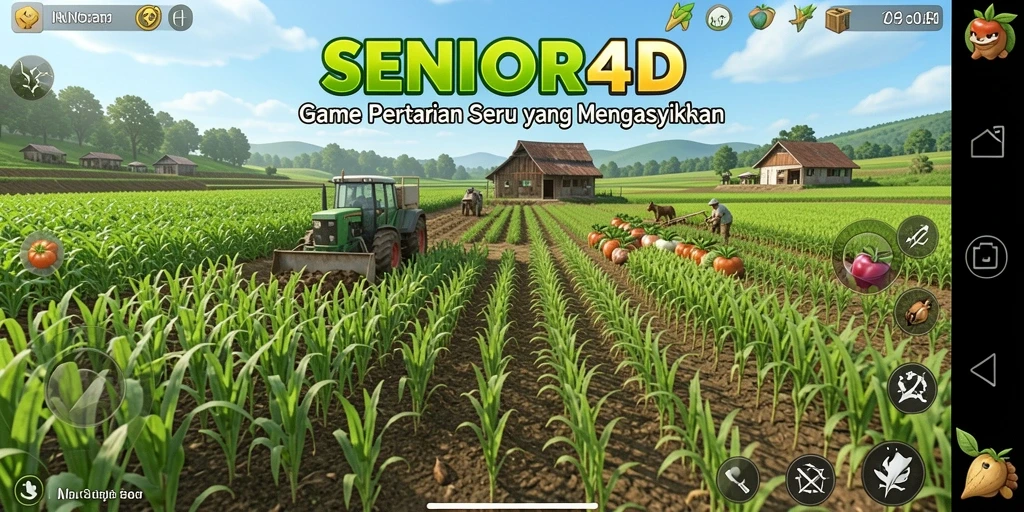 Tampilan gameplay seru di SENIOR4D yang menampilkan kebun hijau subur.