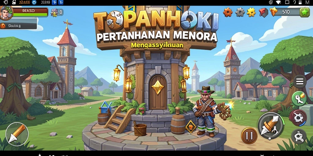 Tangkapan layar gameplay <strong>TOPANHOKI</strong> menampilkan menara dan musuh yang tengah bertarung.