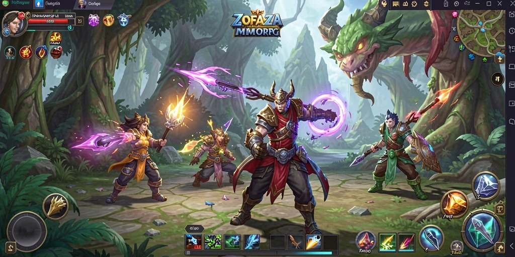 Screenshot gameplay ZOFAZA menampilkan aksi seru dalam pertempuran MMORPG.